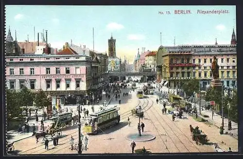 AK Berlin, Alexanderplatz mit Konditorei u. Cafe und Strassenbahn