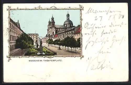 AK Mannheim, Theaterplatz mit Denkmal, Passepartout