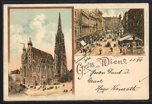 Lithographie Wien, Graben, Stephans-Dom, Um 1900