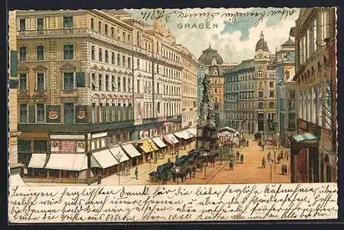 Lithographie Wien, Graben, Strassenpartie mit Geschäften