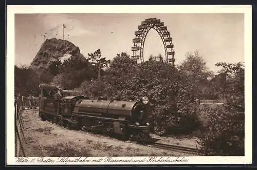 AK Wien, Wiener Prater, Liliputbahn mit Riesenrad und Hochschaubahn, Kleinbahn