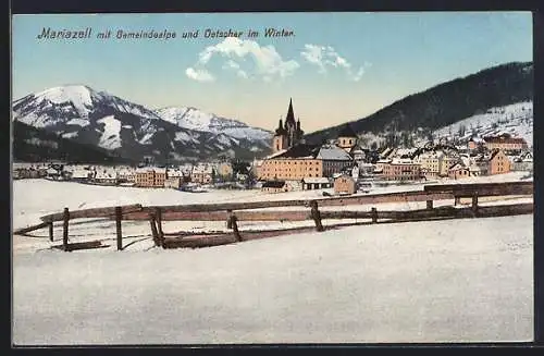 AK Mariazell, Teilansicht mit Gemeindealpe und Oetscher im Winter