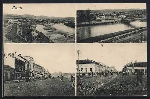 AK Nisch, Blick auf den Ort, Teilansicht mit Brücke, Strassenansichten