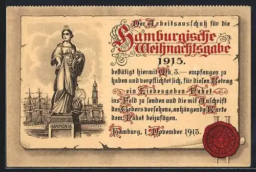 Lithographie Hamburg, Statue Hammonia, Quittung für Hamburgische Weihnachtsgabe 1915