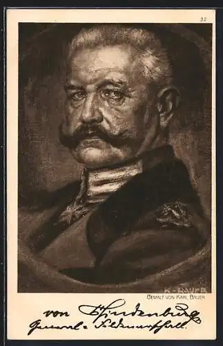 Künstler-AK Paul von Hindenburg, der Generalfeldmarschall seitlich portraitiert, Eisernes Kreuz