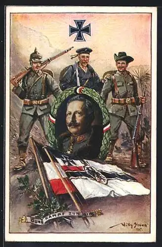 Künstler-AK Stoewer: Durch Kampf zum Sieg, Soldaten und der Siegerkranz mit dem Portrait Kaiser Wilhelm II.