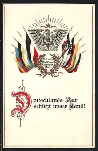 AK Reichsadler, Kaiserkrone, Reichs- & Kriegsfahne, patriotischer Spruch