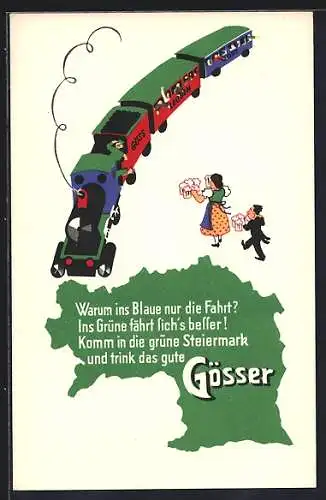 AK Brauerei-Werbung für Gösser Biere aus Leoben, Erfrischung für Eisenbahn-Passagiere