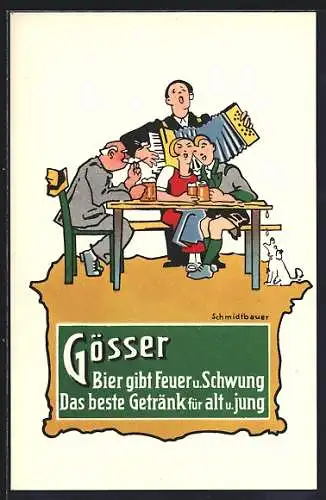 Künstler-AK Gösser, Bier gibt Feuer und Schwung...