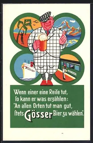 Künstler-AK Brauerei-Werbung Gösser, Mann mit Bierkrug, Reisemotive