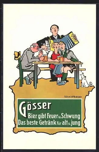 Künstler-AK Gösser, Bier gibt Feuer und Schwung...