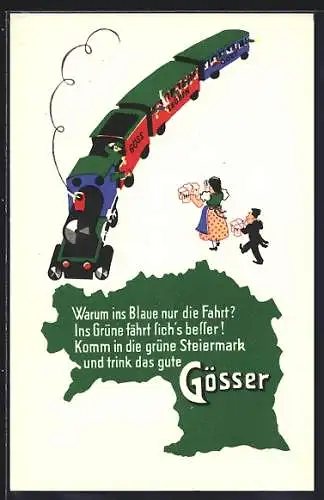 AK Brauerei-Werbung für Gösser Biere aus Leoben, Erfrischung für Eisenbahn-Passagiere