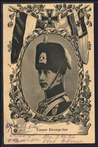 AK Kronprinz Wilhelm von Preussen in Uniform, Eisernes Kreuz und Reichskriegsflagge