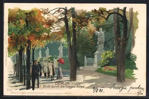 Künstler-AK Heinrich Kley: Berlin-Tiergarten, Blick durch die Sieges-Allee, Männer in Uniform