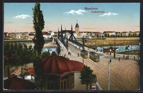 AK Mannheim, Strassenbahnen auf der Neckarbrücke