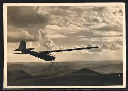 AK Segelflugzeug auf der Wasserkuppe, Start der Württemberg am Abend