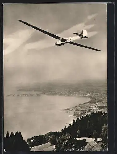 AK Segelflugzeug am Pfänder mit Blick auf Lindau und den Bodensee