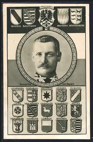 AK Portrait Kronprinz Rupprecht von Bayern in Uniform mit Wappen von Hessen, Mecklenburg und Bremen