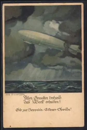 Künstler-AK Otto Amtsberg: Zeppelin im Gewitter über dem Meer, Zeppelin-Eckener-Spende