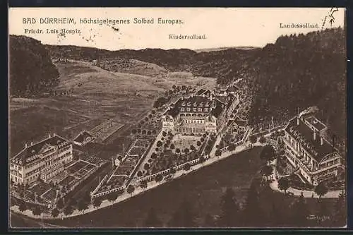 Künstler-AK Bad Dürrheim, Friedrich Luis-Hospiz mit Kindersolbad und Landessolbad