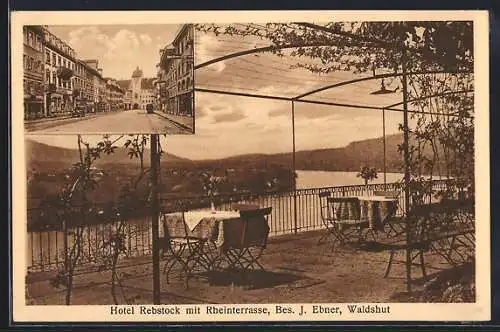 AK Waldshut, Hotel Rebstock mit Rheinterrasse und Blick auf den Fluss, Strassenansicht mit Turmtor