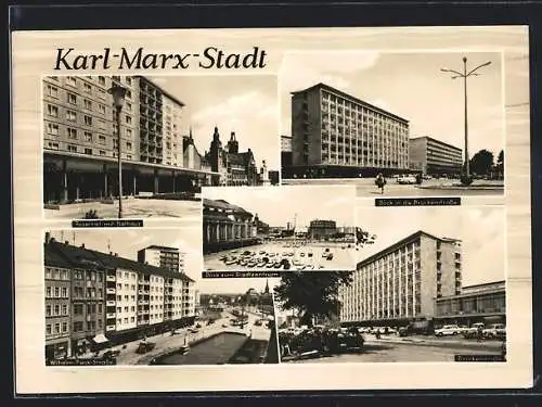 AK Karl-Marx-Stadt, Rosenhof mit Rathaus, Blick in die Brückenstrasse, Wilhelm-Pieck-Strasse, Stadtzentrum