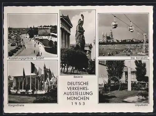 AK München, Deutsche Verkehrs-Ausstellung 1953, Bavaria, Kongresshalle, Liliputbahn