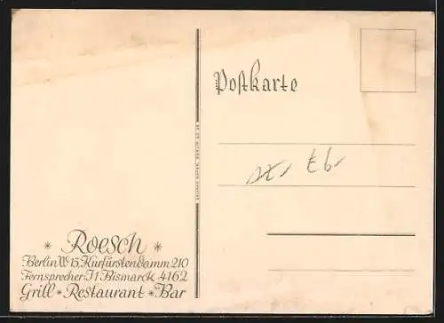 Künstler-AK Berlin-Charlottenburg, Restaurant Bar Roesch, Kurfürstendamm 210, Innenansicht, Art Deco