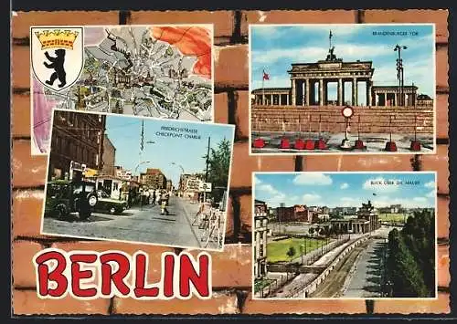 AK Berlin, Checkpoint Charlie, Blick über die Mauer und Brandenburger Tor