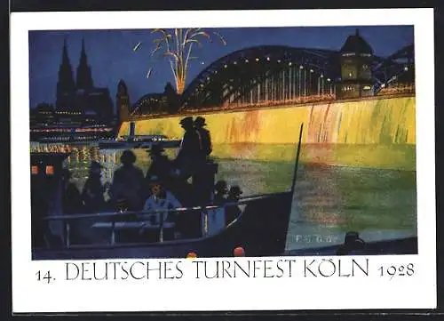 Künstler-AK Köln, 14. Deutsches Turnfest 1928, Grossfeuerwerk ab der Hohenzollernbrücke