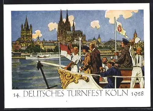 AK Köln, 14. Deutsches Turnfest 1928, Rheindampfer passiert den Dom