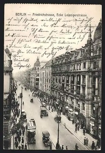 AK Berlin, Blick in die Friedrichstrasse Ecke Leipzigerstrasse