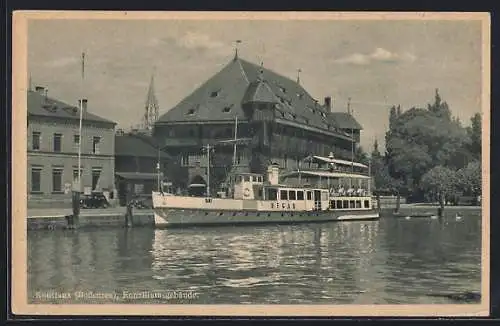 AK Konstanz /Bodensee, Konziliumsgebäude mit Schiff MS Hegau