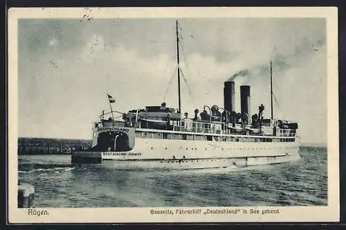 AK Sassnitz /Rügen, Fährschiff Deutschland in See gehend