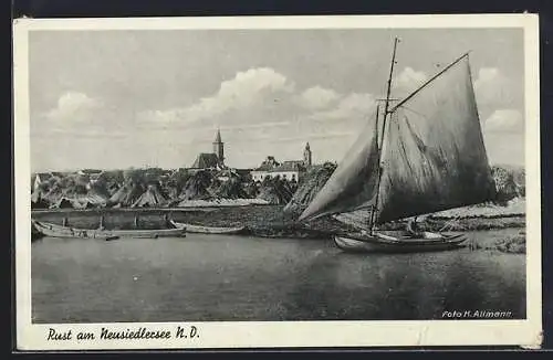 AK Rust am Neusiedlersee, Uferpartie mit Kirche und Segelboot