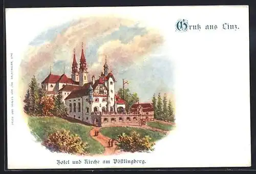 Lithographie Linz, Hotel und Kirche am Pöstlingberg