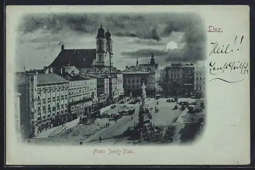 Mondschein-AK Linz, Franz Josef-Platz mit Kirche