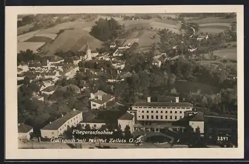 AK Gallspach, Ortsansicht mit Institut Zeileis, Fliegeraufnahme