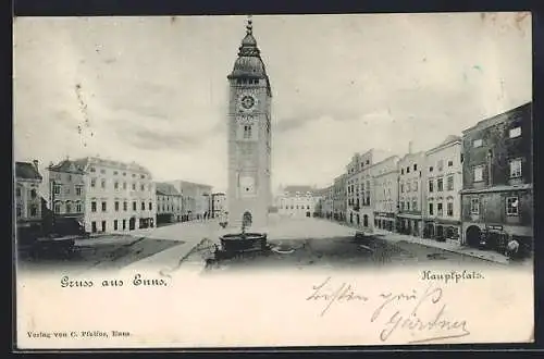 AK Enns, Turm und Brunnen am Hauptplatz