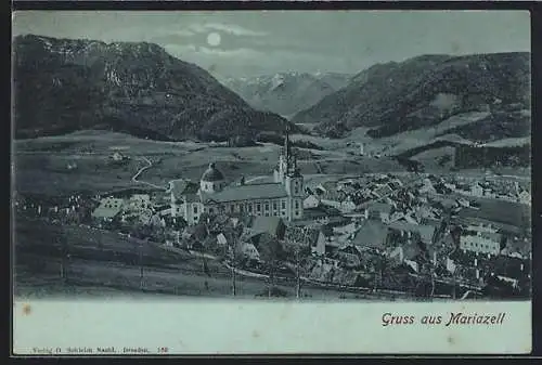 Mondschein-AK Mariazell, Teilansicht mit Kirche