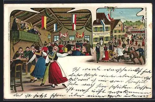 Lithographie Menschen im Wirtshaus beim Volkstanz