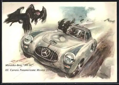 Künstler-AK Mexico, III. Carrera Panamericana 1952, Mercedes-Benz 300 SL bei schneller Fahrt, Vögel