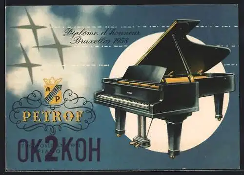 AK Petrof, the World known Pianos, Diplôme d`honneur Bruxelles 1958