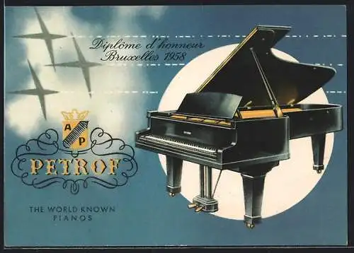 AK Petrof, the World known Pianos, Diplôme d`honneur Bruxelles 1958