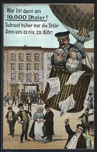 Künstler-AK Köln, Steuerexecutor fliegt mit Geld im Ballon davon, Wat litt dann an 10 000 Dhaler