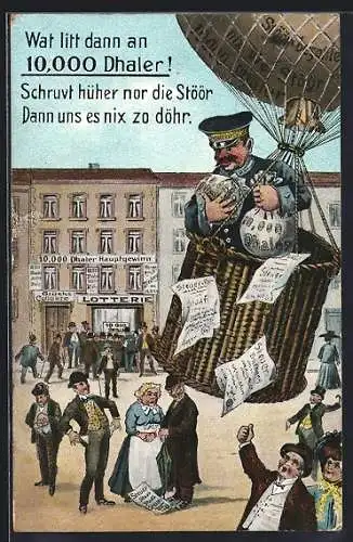 Künstler-AK Köln, Steuerexecutor fliegt mit Geld im Ballon davon, Wat litt dann an 10 000 Dhaler