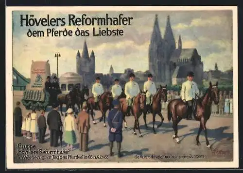 Künstler-AK Köln, Tag des Pferdes 1933, Reklame für Hövelers Reformhafer, Reiter im Werbezug