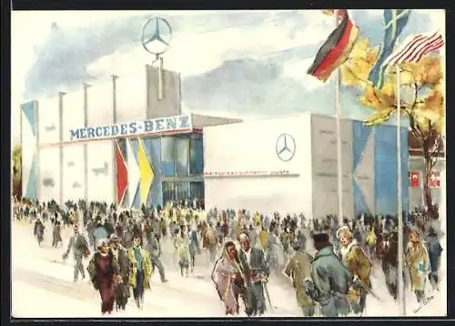 Künstler-AK Frankfurt, Mercedes-Benz-Halle bei der Automobil-Ausstellung 1957