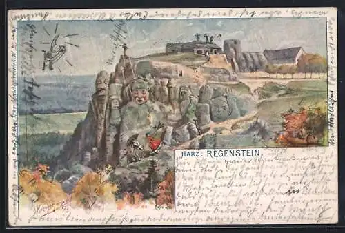 Lithographie Schwenke Ser. 3 Nr. 2: Blankenburg /Harz, Festung Regenstein, Berg mit Gesicht / Berggesichter