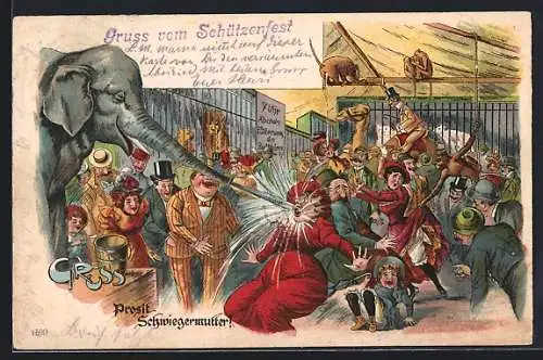 Lithographie Schützenfest, Elefant bespritzt eine Schwiegermutter mit Wasser